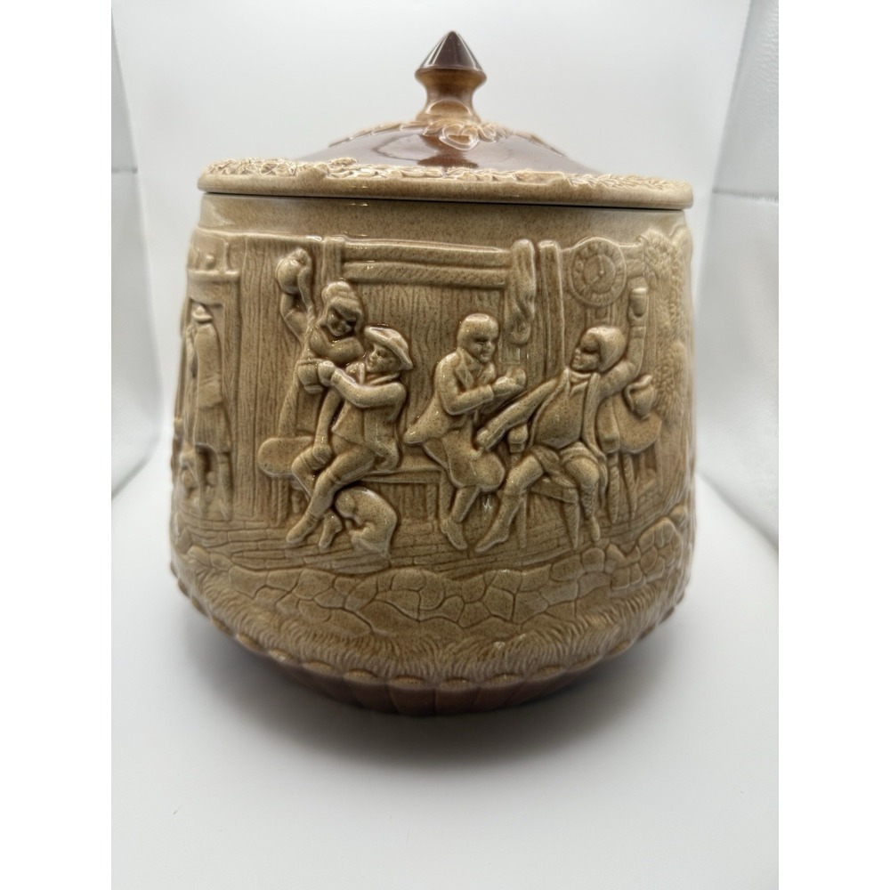 Handpainted Art Pottery Ceramic Jar Lid Tavern Scene Horse Rider Brown Detailed
